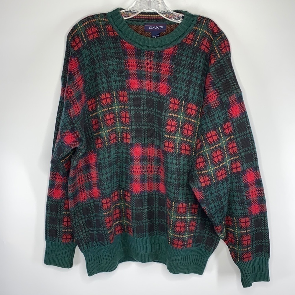 Vintage Gant Red Green Plaid Cotton Crew Grandpa Sweater Medium